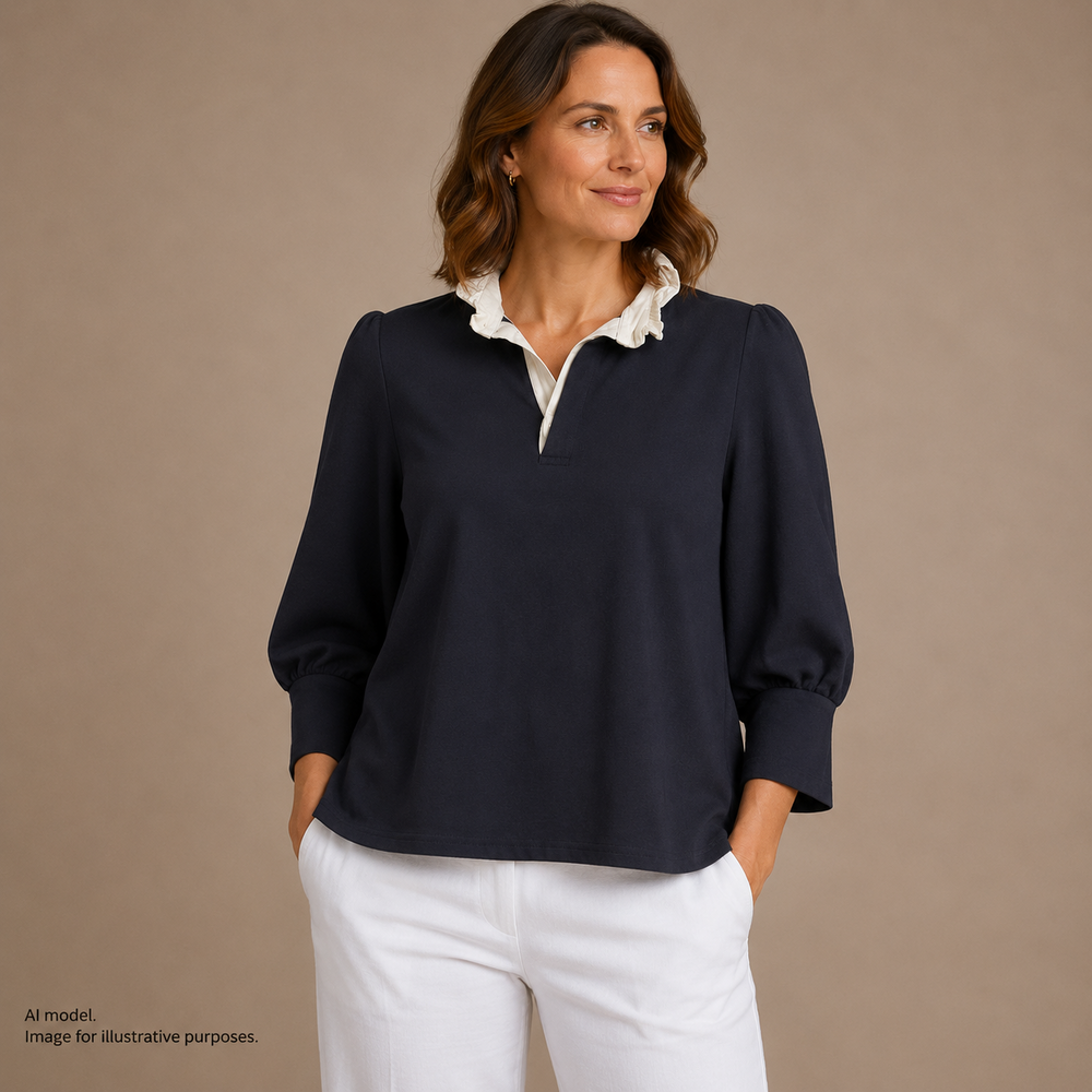 Pomander Place Shirt Womens Medium Navy Ruffle Mock Neck Contrast Collar Tunic